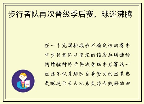 步行者队再次晋级季后赛，球迷沸腾